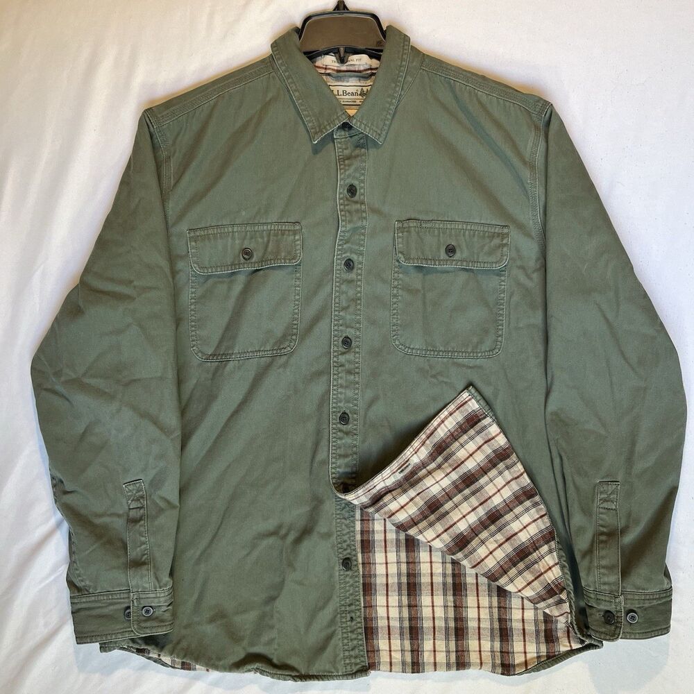 L.L.Bean Mens Large Traditional Fit Lined Shirt Jacket Olive Green Plaid Cotton